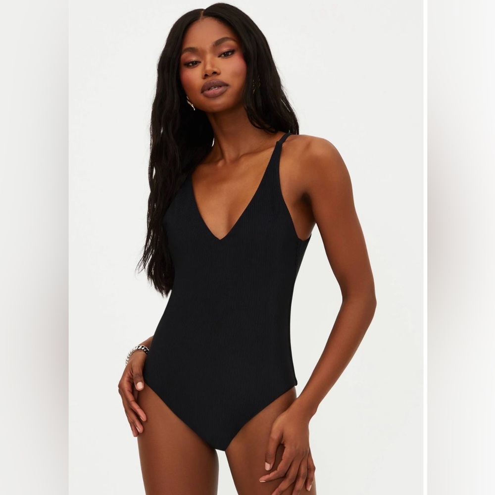 Beach Riot Black Ribbed V-Neck One Piece Swimsuit